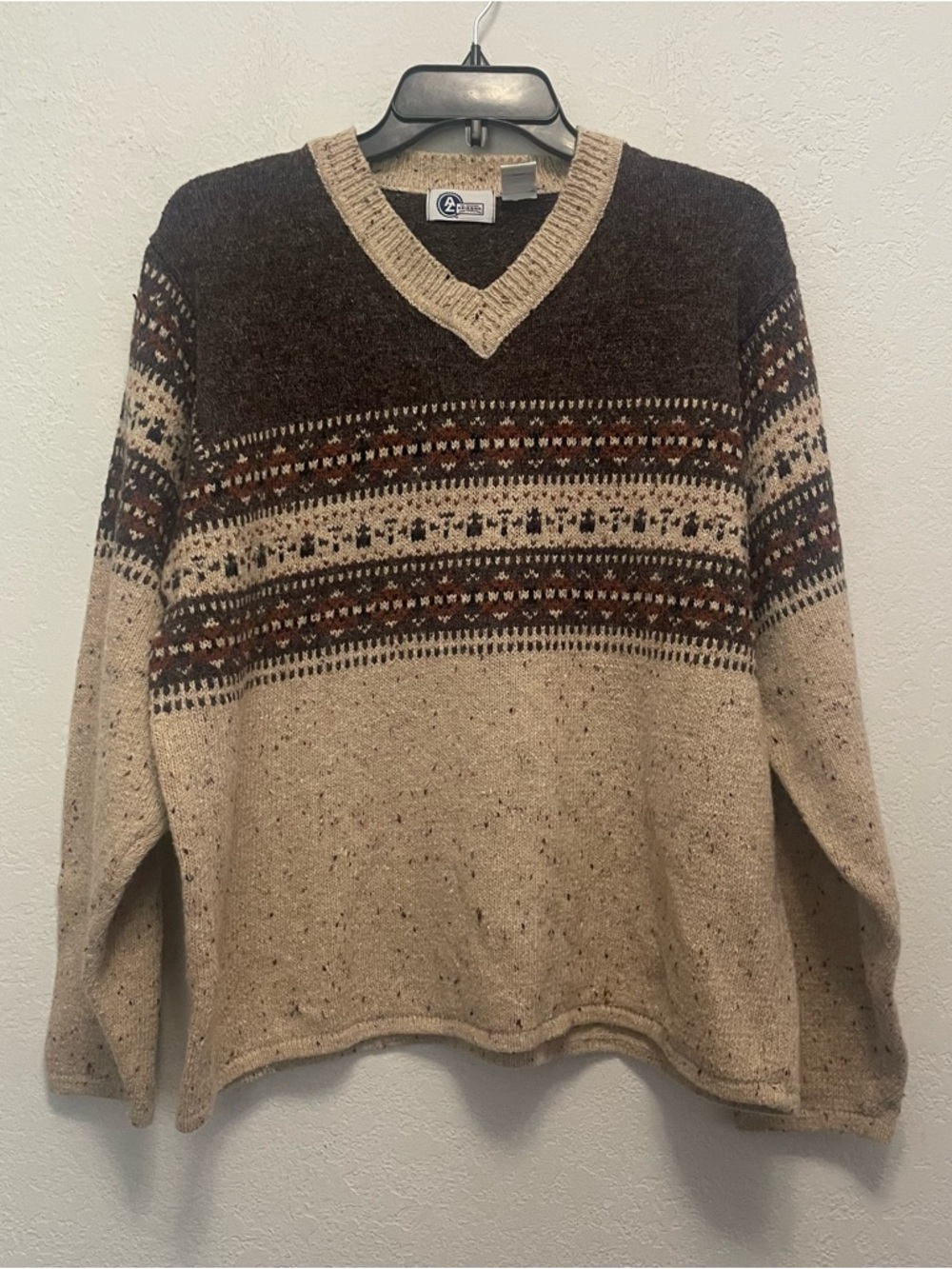 VTG Arizona Fair Isle Knit Sweater Mens M Tan Brown Crew Neck
